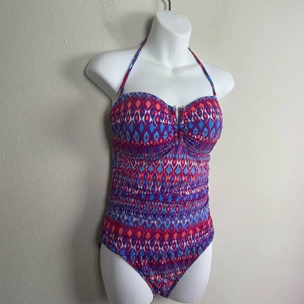 La Blanca‎ Swimsuit One Piece Ruched Tummy Control Size 10 Geometric Print